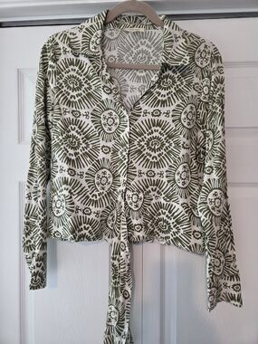 Haute Hippie Olive and Cream Printed Button-Front Blouse SZ L